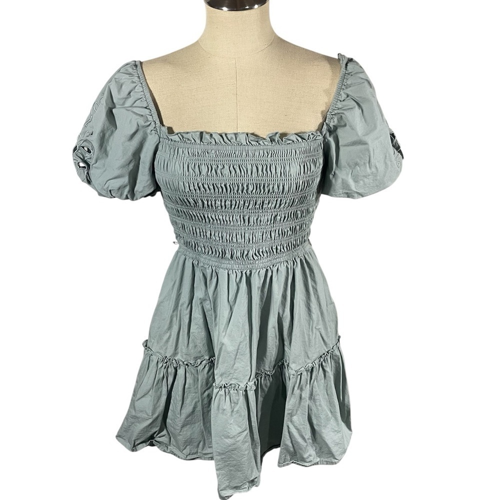 Francesca's Collections Dollie Eyelet Puff Sleeve Waisted Mini Dress Size Medium